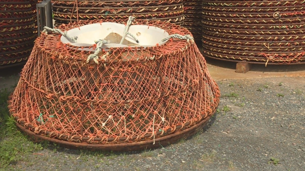 A round fishing trap has an orange net circling around it.