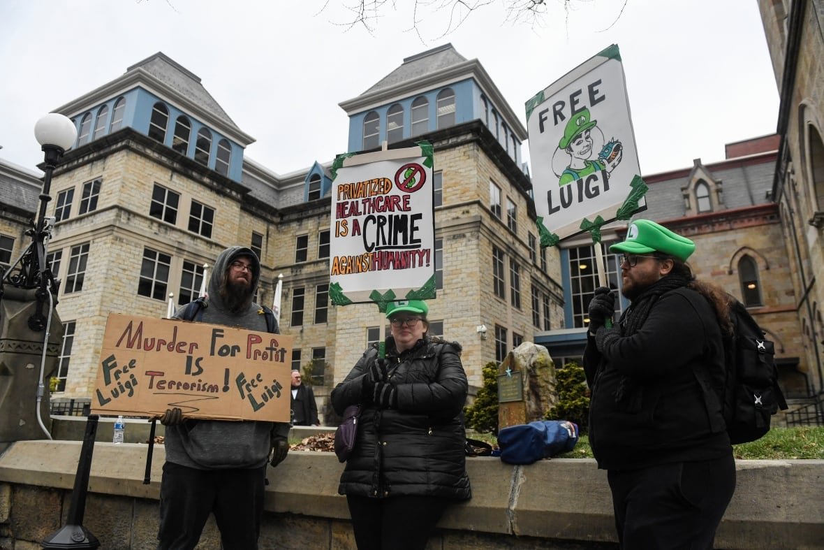 People carry signs protesting private health care and wear hats of the Nintendo character Luigi outside a courthouse on an overcast day.