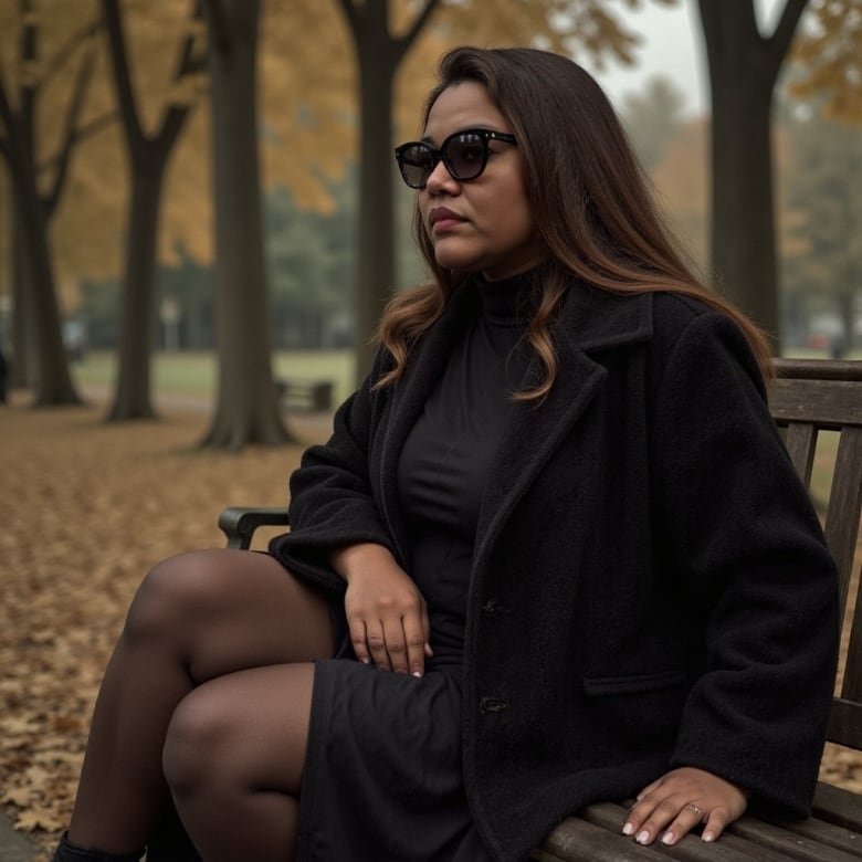 A woman sits on a bench in the woods.