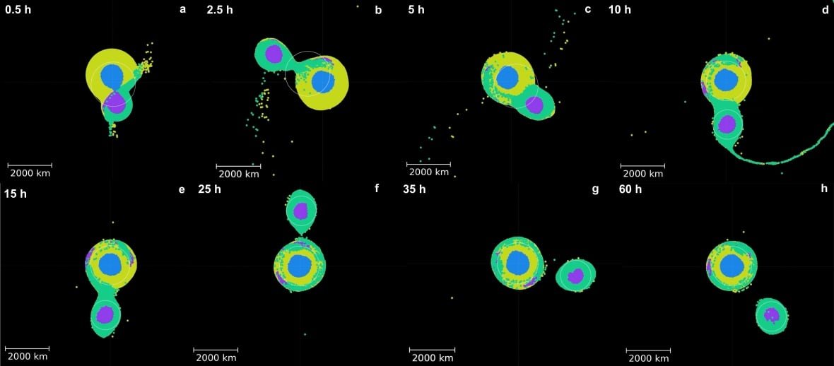 In a series of eight panels, we see the process of two spheres stuck together like a snowman eventally separate into one spherical object surrounded by a slightly smaller other sphere. 