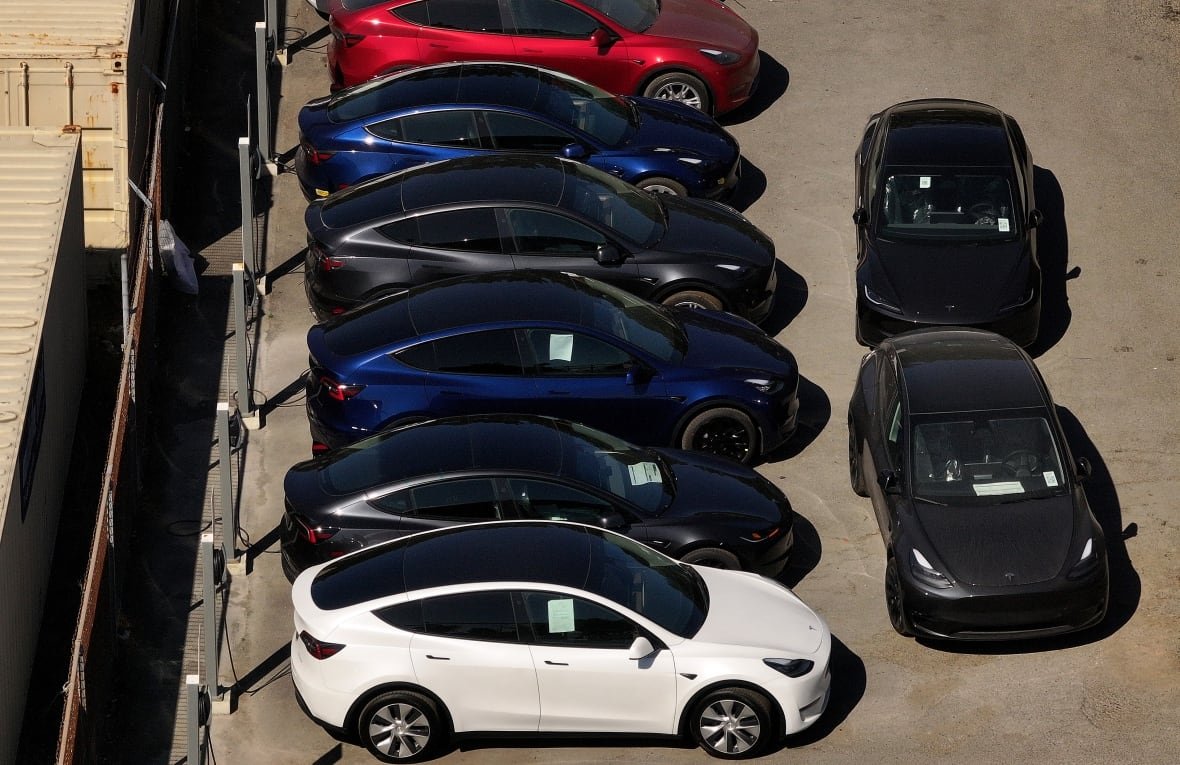 Brand new Tesla cars sit parked at a Tesla dealership on May 31, 2024 in Corte Madera, California.