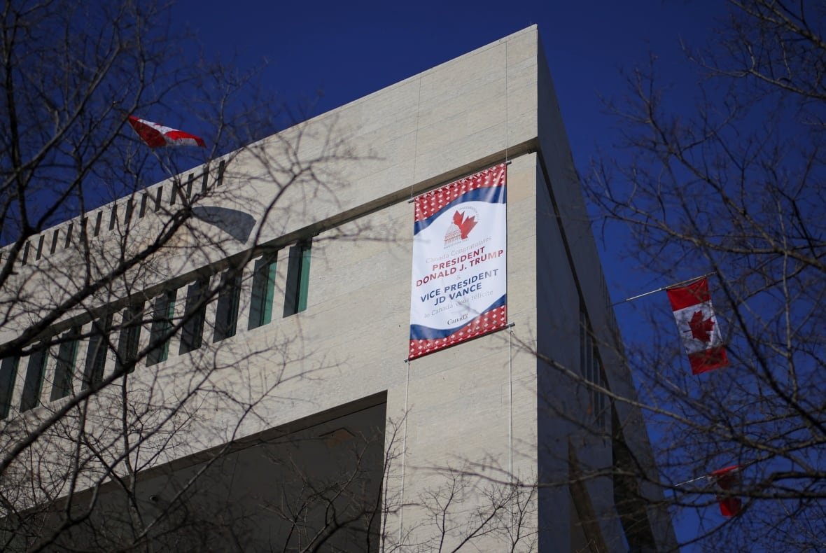 Sign that says: “Canada congratulates Donald Trump," on building