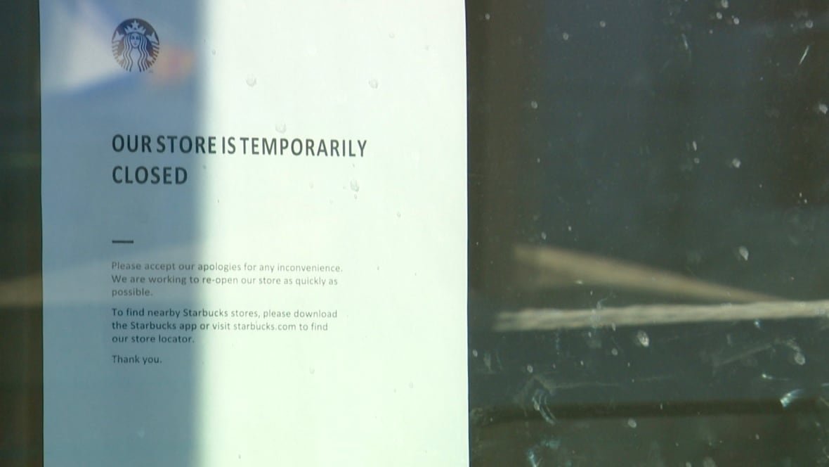 A paper is posted on a glass doorway indicating the coffee shop is closed.