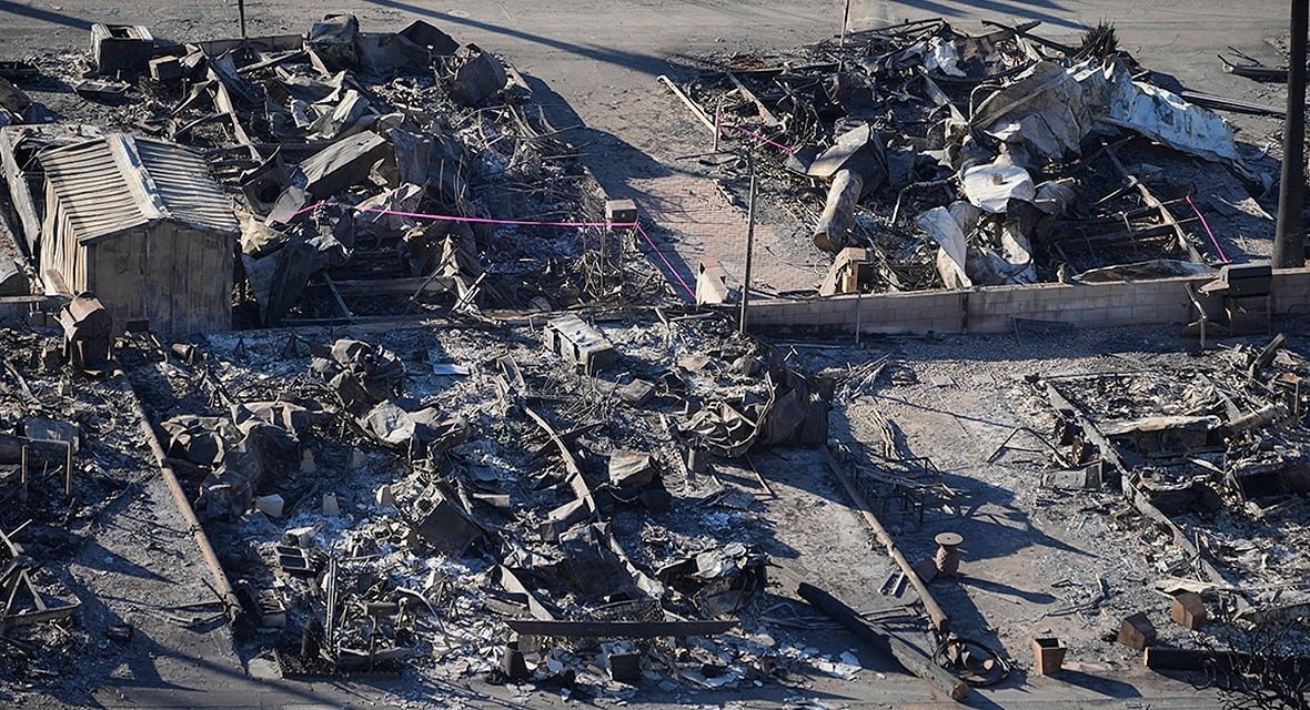 The Pacific Palisades Bowl Mobile Estates destroyed by the Palisades Fire is seen in the Pacific Palisades neighbourhood of Los Angeles, California on January 16, 2025.