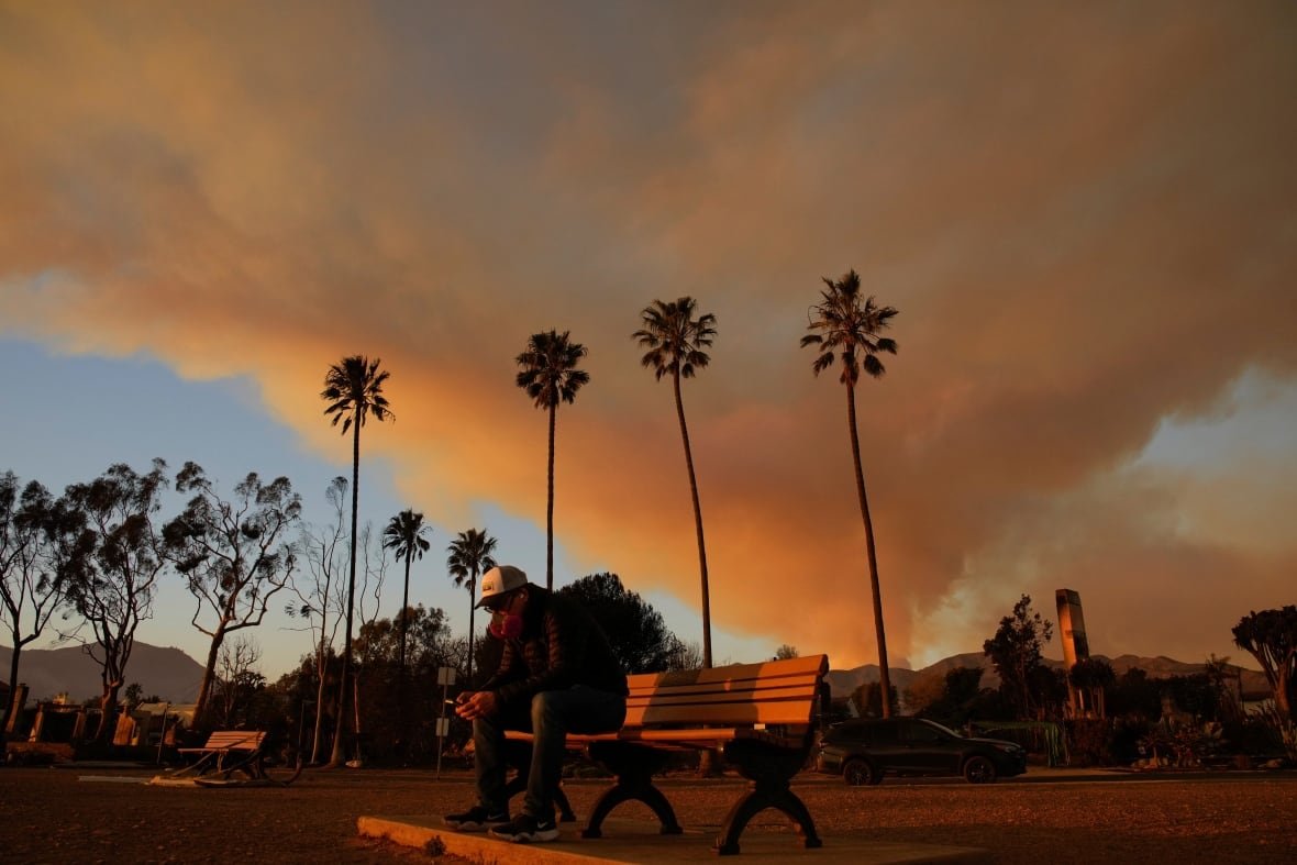 A person sits on a bench as a huge plume of smoke rises from the Palisades Fire in the distance.